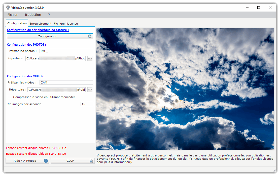 VideoCap logiciel capture webcam - Onglet Configuration et paramètres