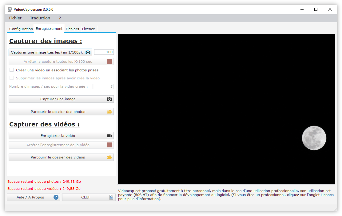 VideoCap logiciel capture webcam - Onglet Enregistrement vidéo et audio