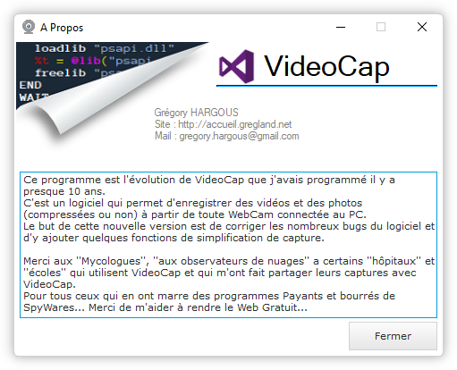 VideoCap logiciel capture webcam - Onglet À propos et informations