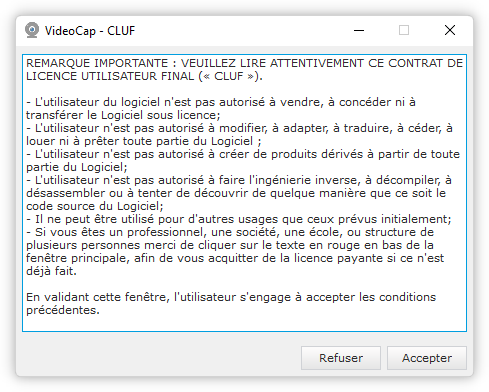 VideoCap logiciel capture webcam - Contrat d'utilisateur final et conditions