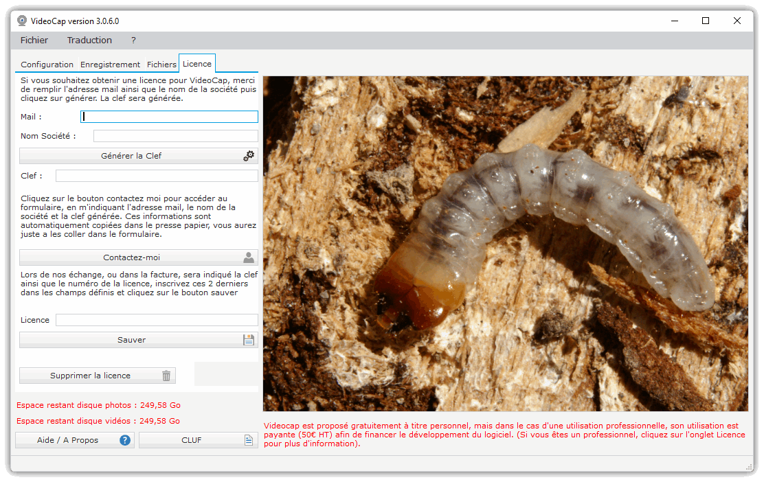 VideoCap logiciel capture webcam - Onglet Licence professionnelle